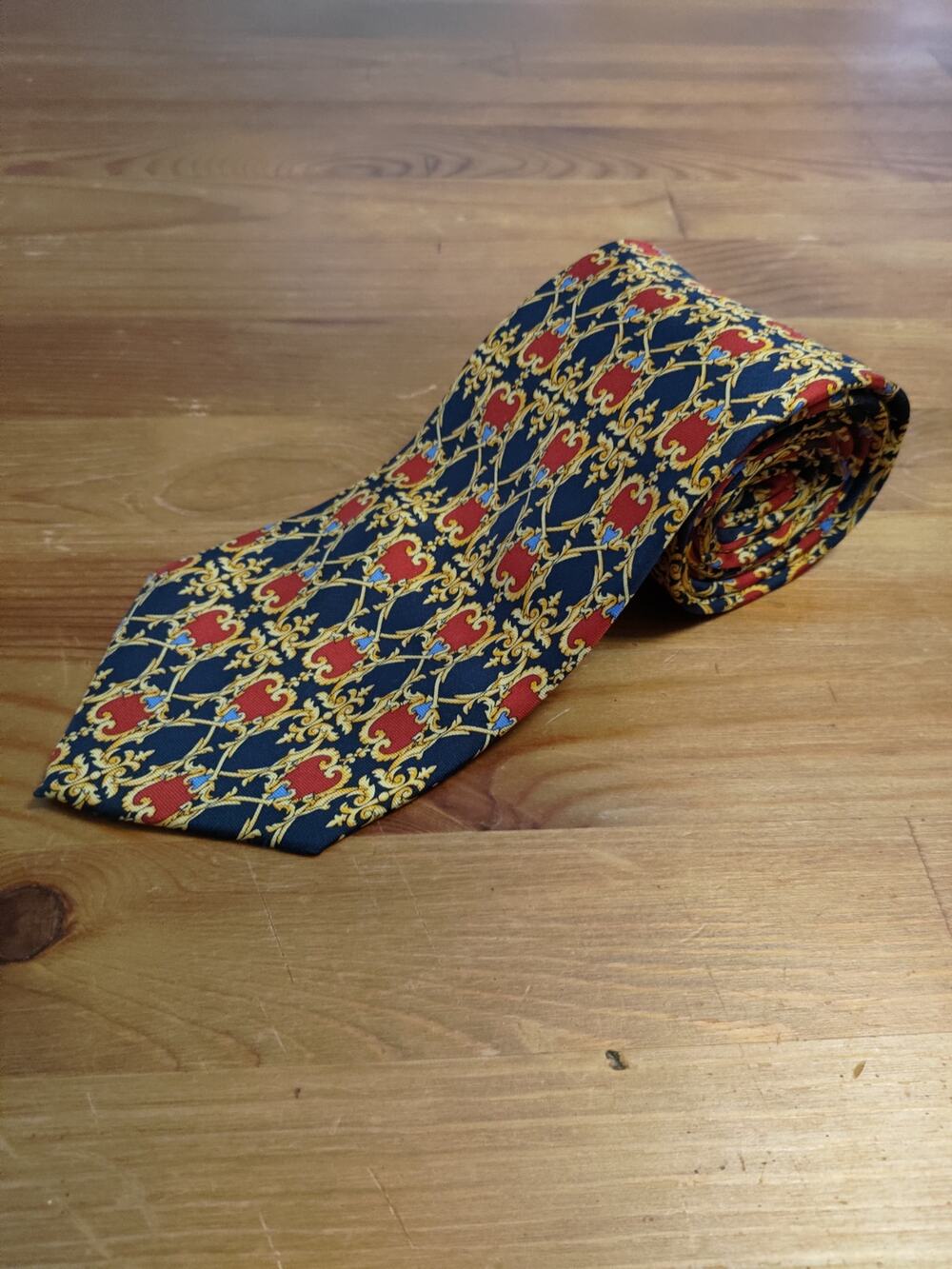 Giorgio Sermoneta Roma 100% Silk Necktie Gold Red Blue Royal Pattern 58" x 3.5"